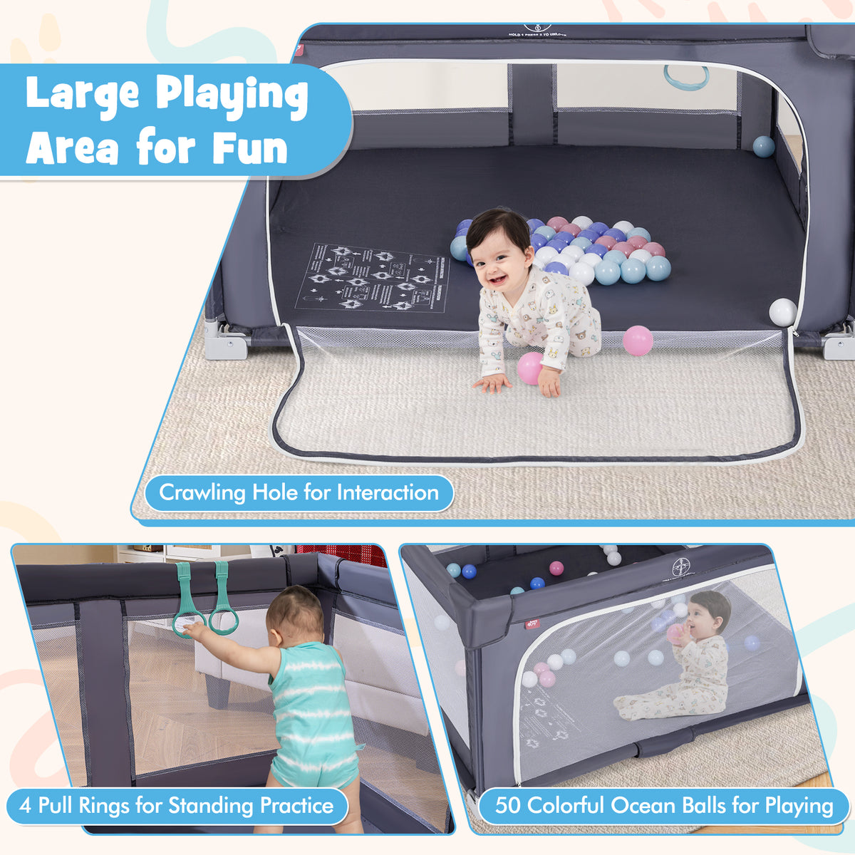 Large Foldable Baby Playpen Safety Fence with Zipper Gate - Dark Gray
