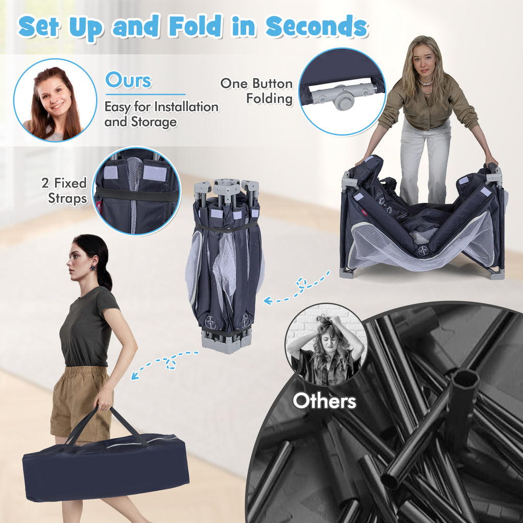 Large Foldable Baby Playpen Safety Fence with Zipper Gate - Dark Gray
