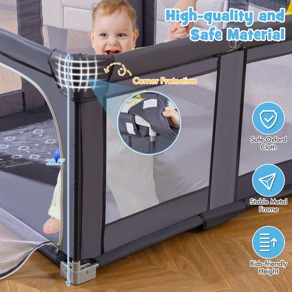 Large Foldable Baby Playpen Safety Fence with Zipper Gate - Dark Gray