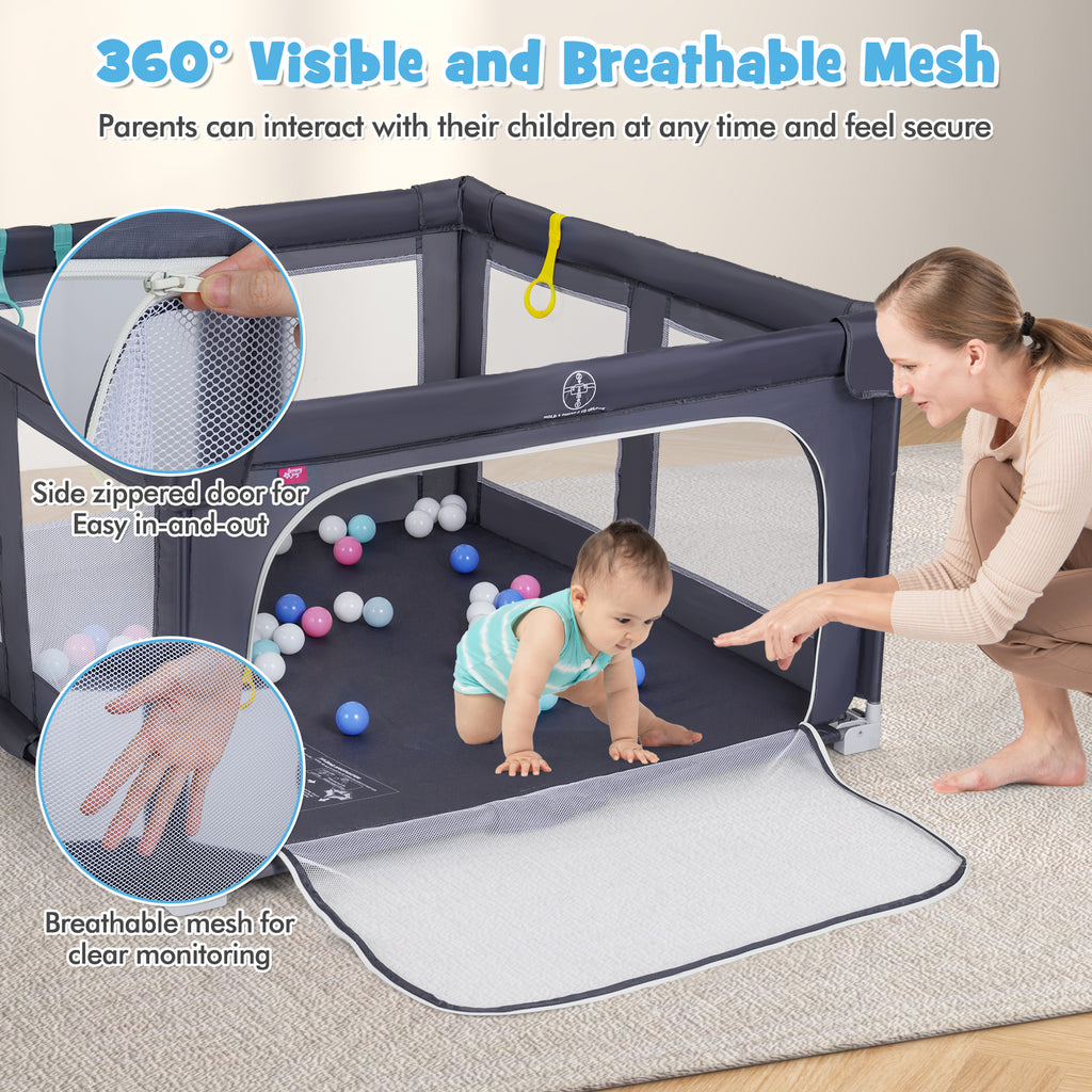Large Foldable Baby Playpen Safety Fence with Zipper Gate - Dark Gray