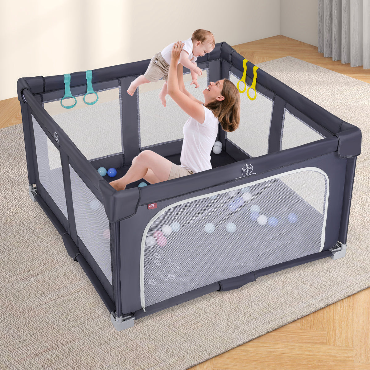 Large Foldable Baby Playpen Safety Fence with Zipper Gate - Dark Gray