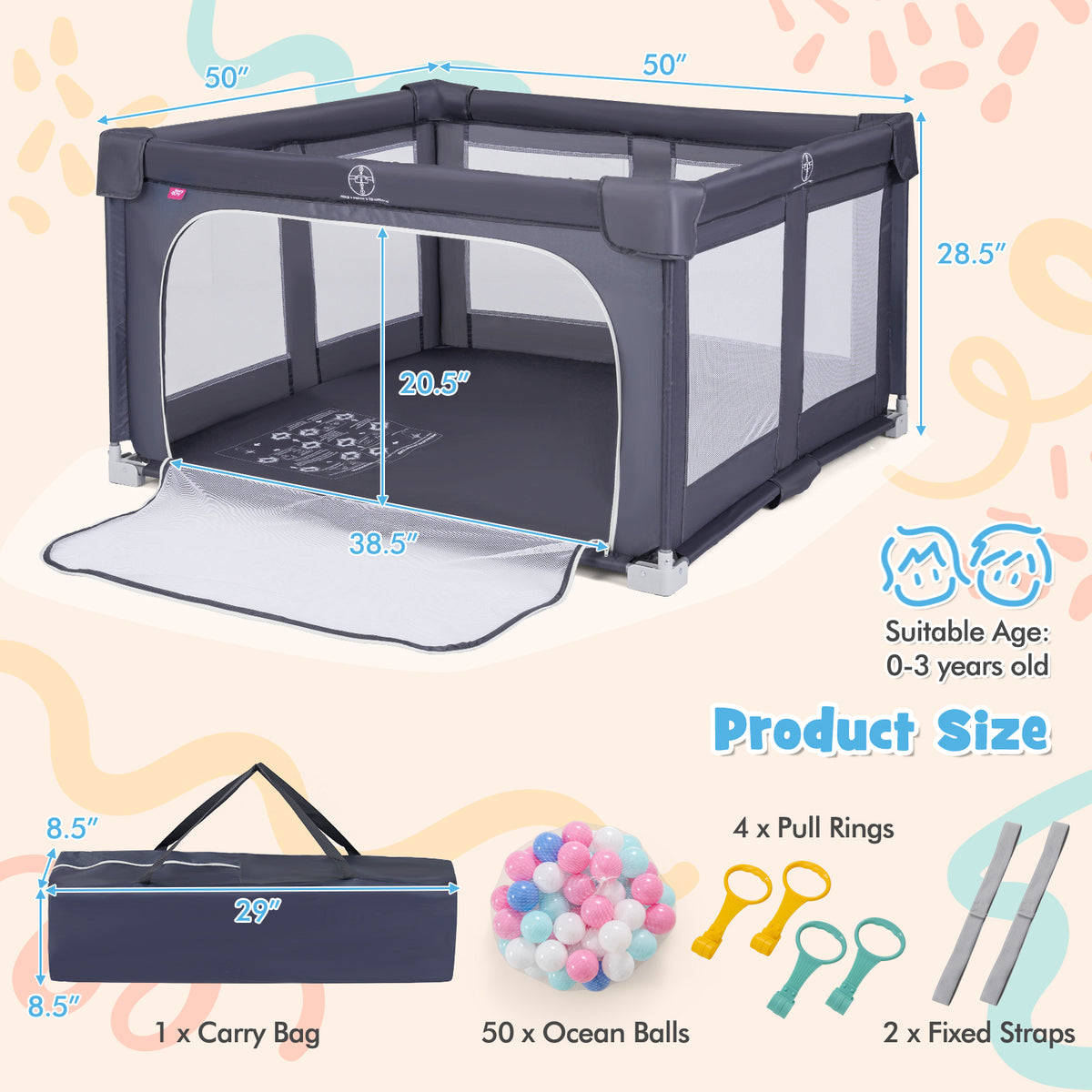 Large Foldable Baby Playpen Safety Fence with Zipper Gate - Dark Gray
