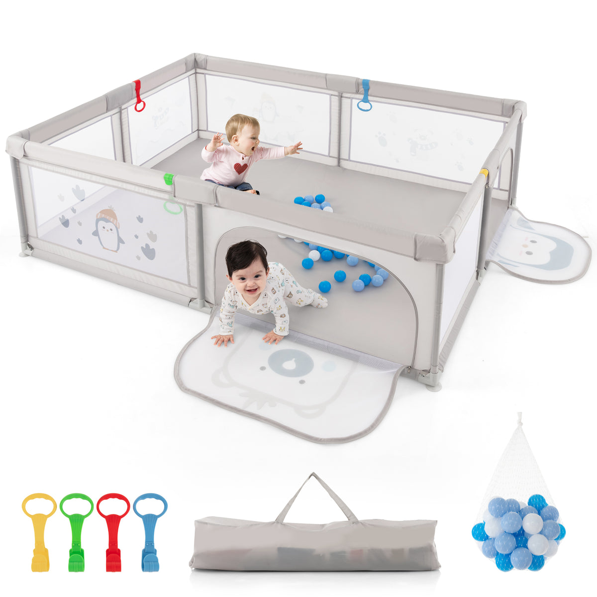 Baby Playpen with Pull Rings Ocean Balls & Penguin Pattern - Safety Enclosure for Kids
