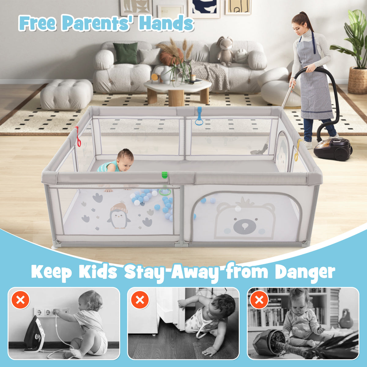 Baby Playpen with Pull Rings Ocean Balls & Penguin Pattern - Safety Enclosure for Kids