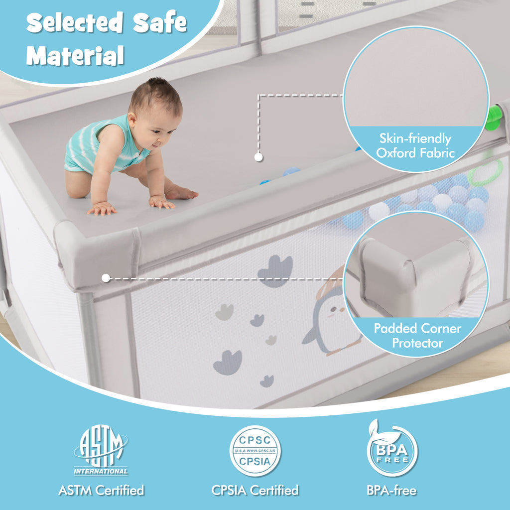 Baby Playpen with Pull Rings Ocean Balls & Penguin Pattern - Safety Enclosure for Kids