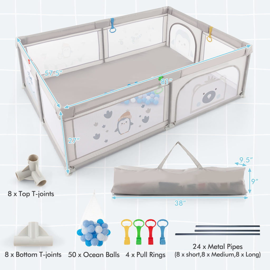 Baby Playpen with Pull Rings Ocean Balls & Penguin Pattern - Safety Enclosure for Kids