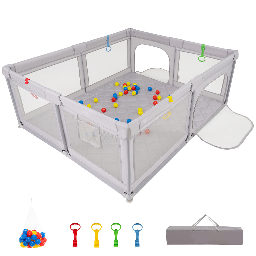 Baby Playpen with Pull Rings & Ocean Balls - Gray, Safety & Active Play
