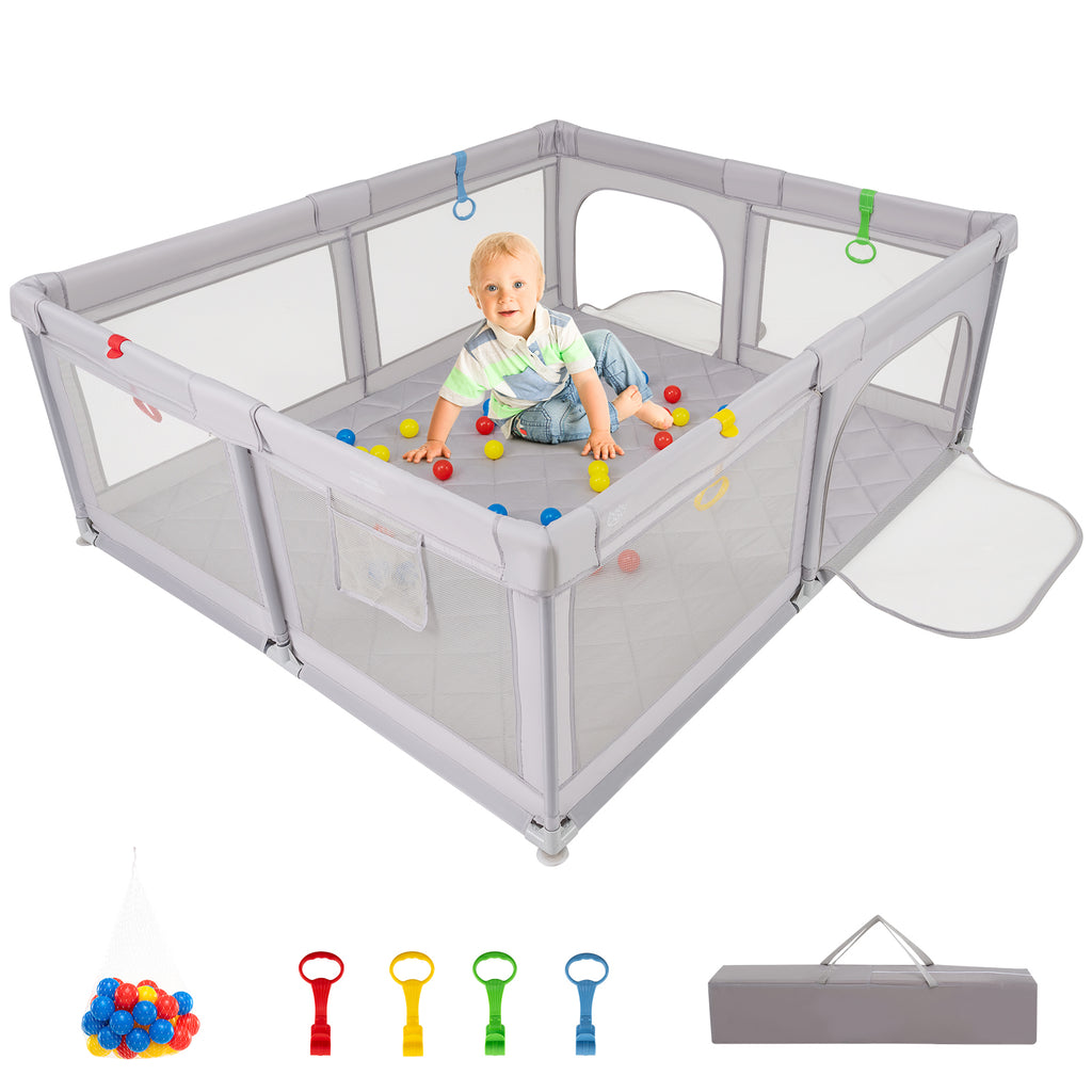 Baby Playpen with Pull Rings & Ocean Balls - Gray, Safety & Active Play