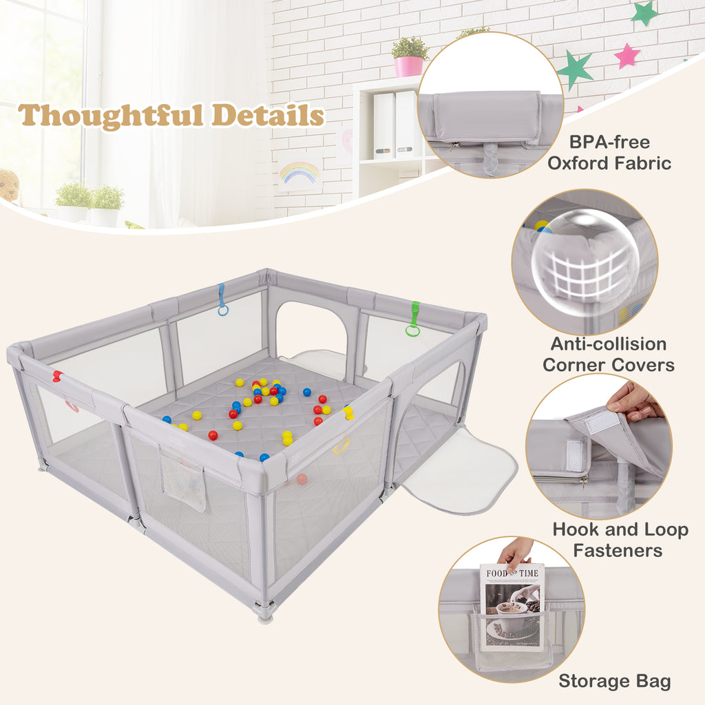 Baby Playpen with Pull Rings & Ocean Balls - Gray, Safety & Active Play
