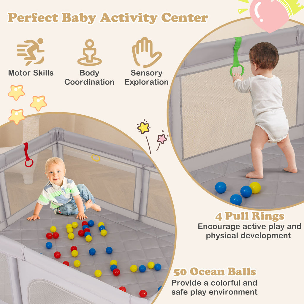 Baby Playpen with Pull Rings & Ocean Balls - Gray, Safety & Active Play