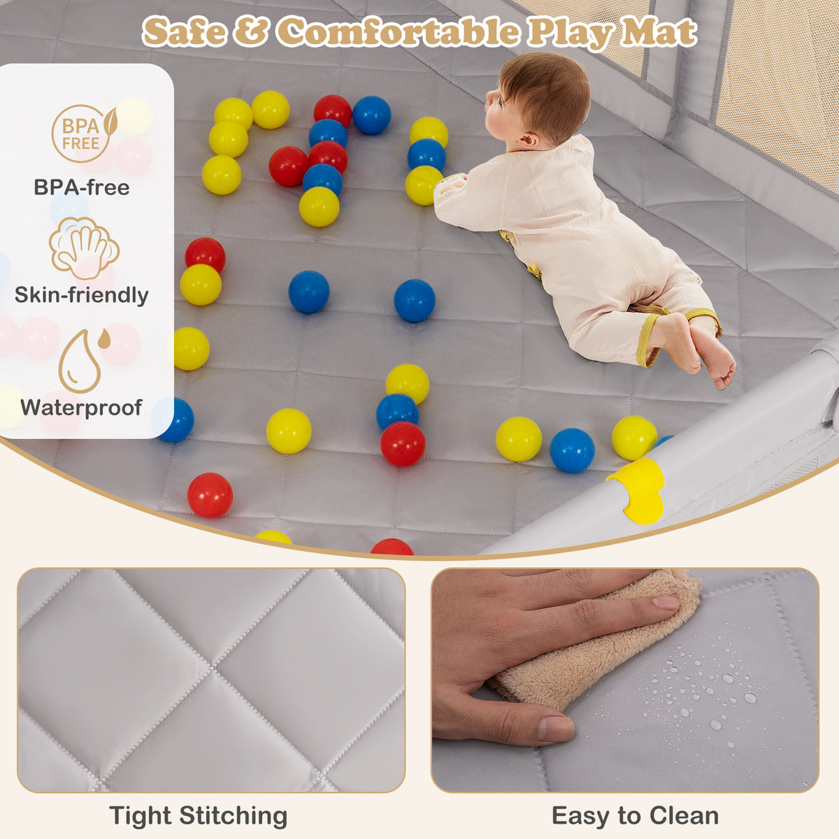 Baby Playpen with Pull Rings & Ocean Balls - Gray, Safety & Active Play
