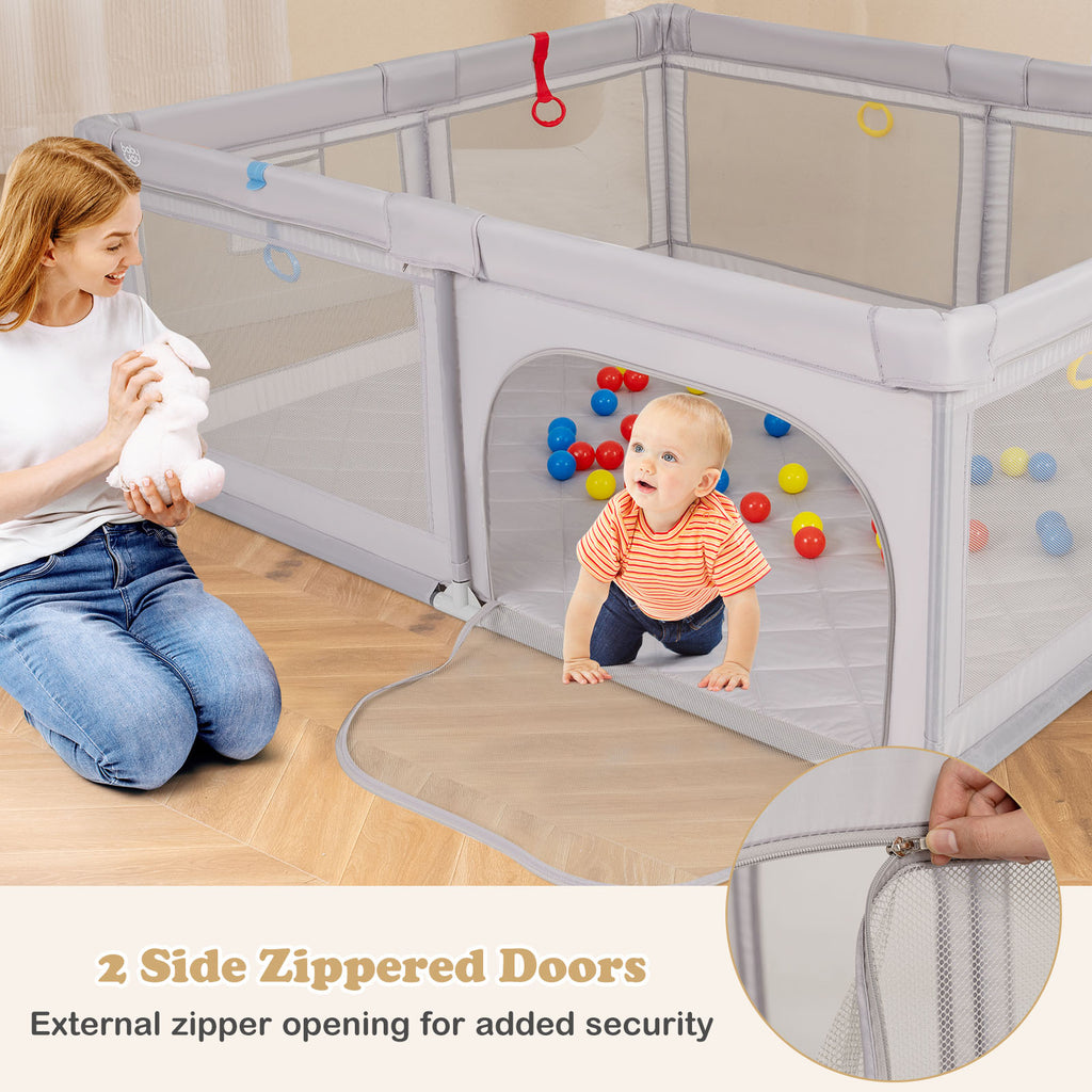 Baby Playpen with Pull Rings & Ocean Balls - Gray, Safety & Active Play