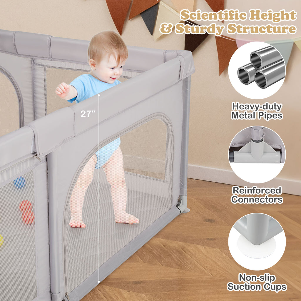 Baby Playpen with Pull Rings & Ocean Balls - Gray, Safety & Active Play
