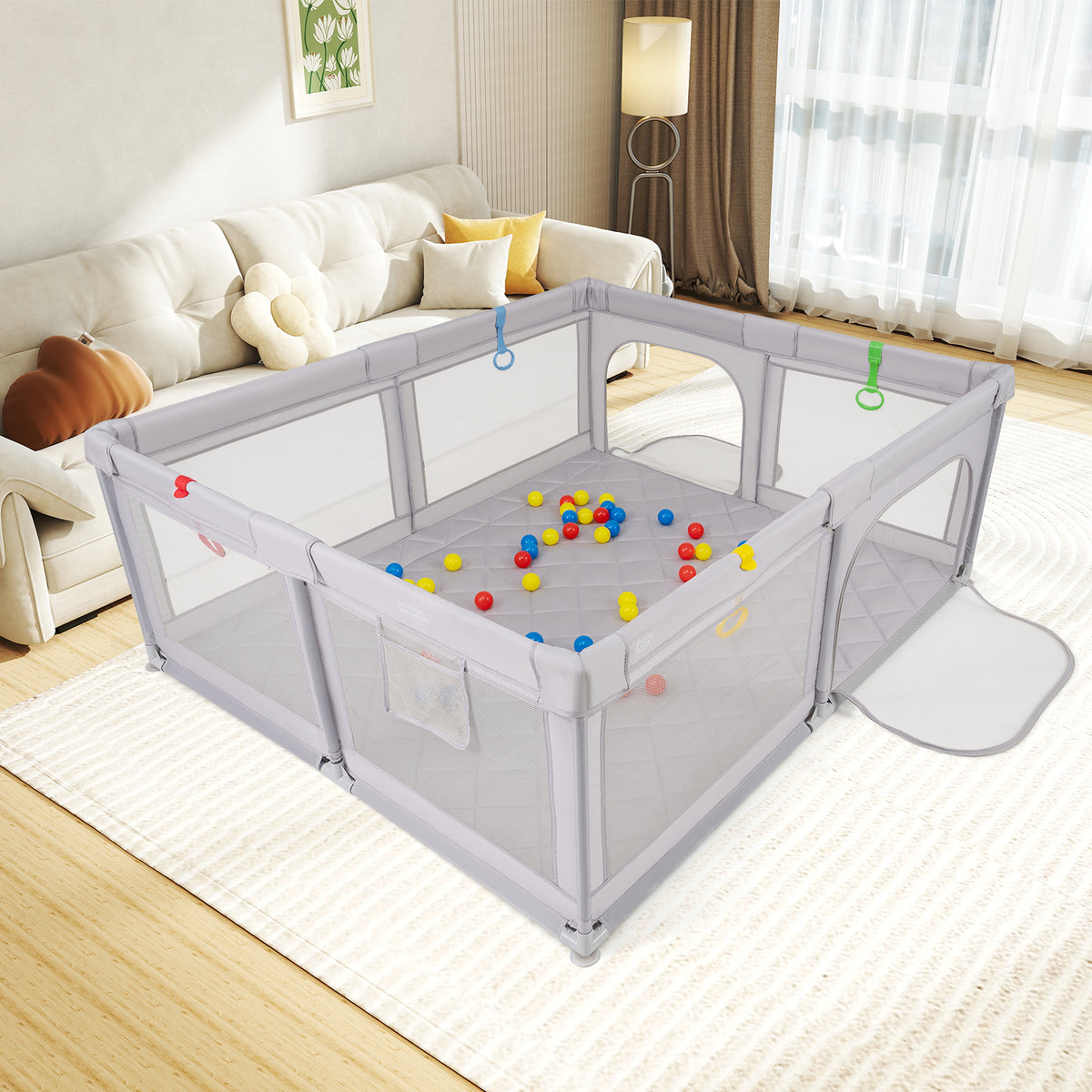 Baby Playpen with Pull Rings & Ocean Balls - Gray, Safety & Active Play