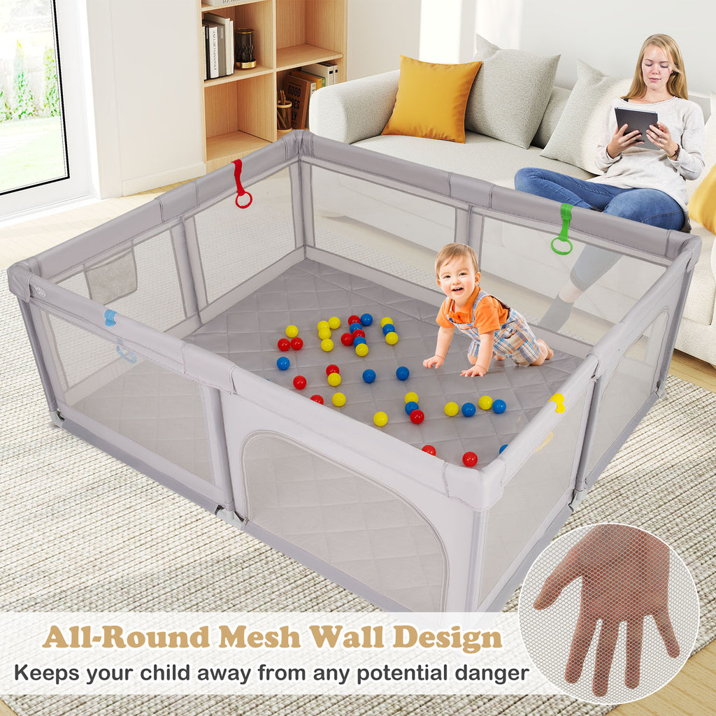 Baby Playpen with Pull Rings & Ocean Balls - Gray, Safety & Active Play
