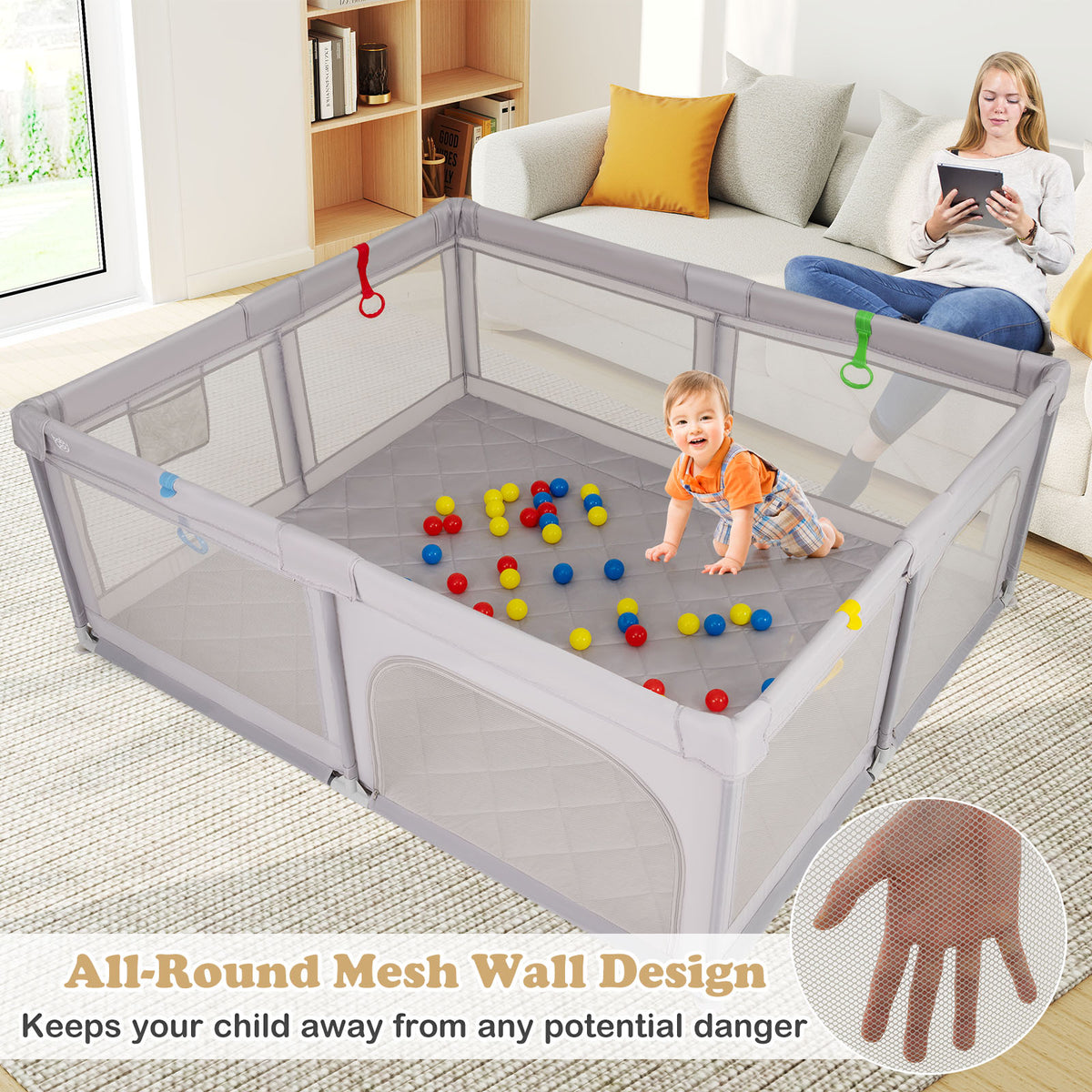 Baby Playpen with Pull Rings & Ocean Balls - Gray, Safety & Active Play