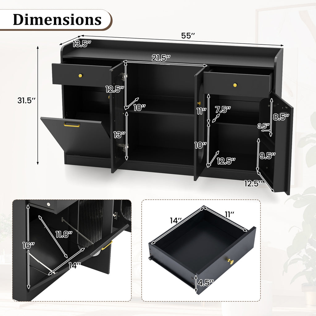 Large Buffet Cabinet with Glass Doors & Hidden Trash - Black