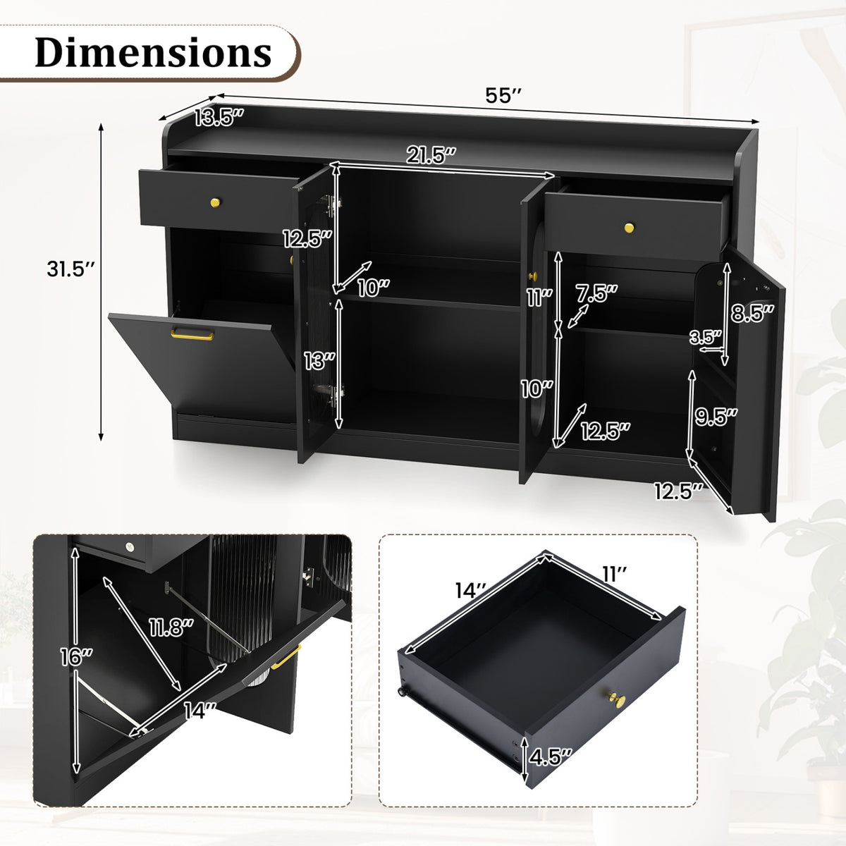 Large Buffet Cabinet with Glass Doors & Hidden Trash - Black
