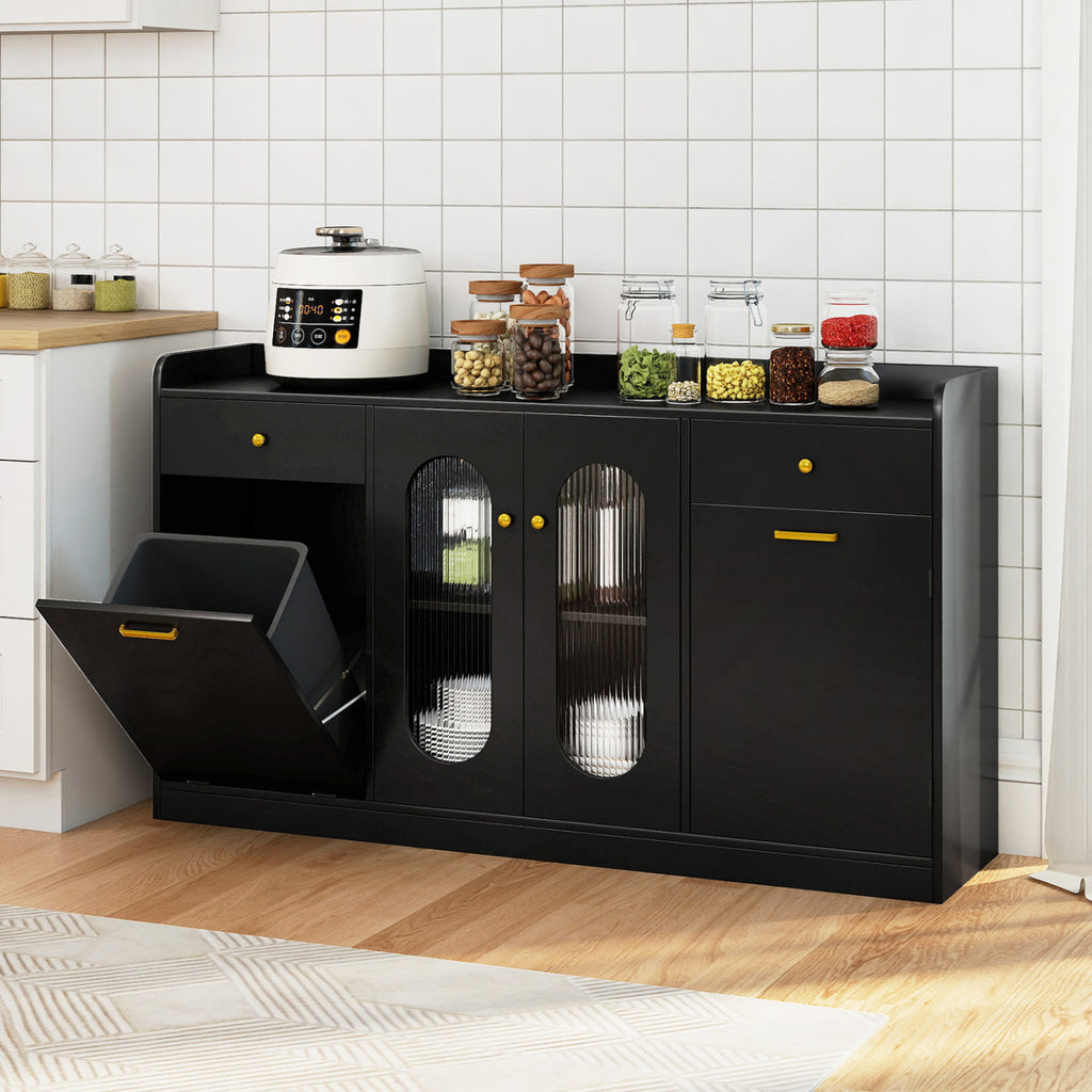 Large Buffet Cabinet with Glass Doors & Hidden Trash - Black