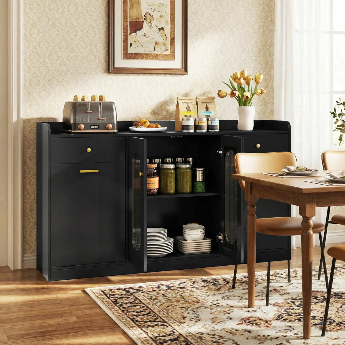 Large Buffet Cabinet with Glass Doors & Hidden Trash - Black