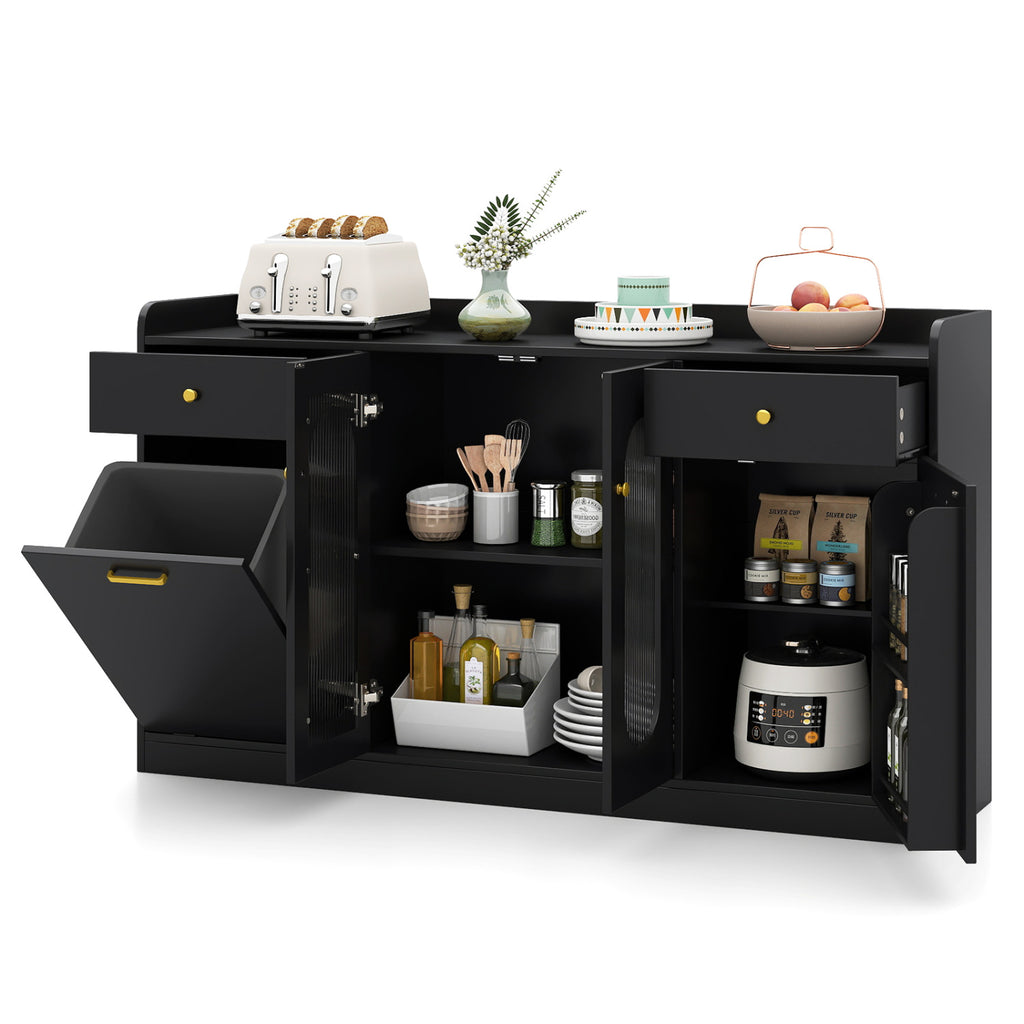 Large Buffet Cabinet with Glass Doors & Hidden Trash - Black