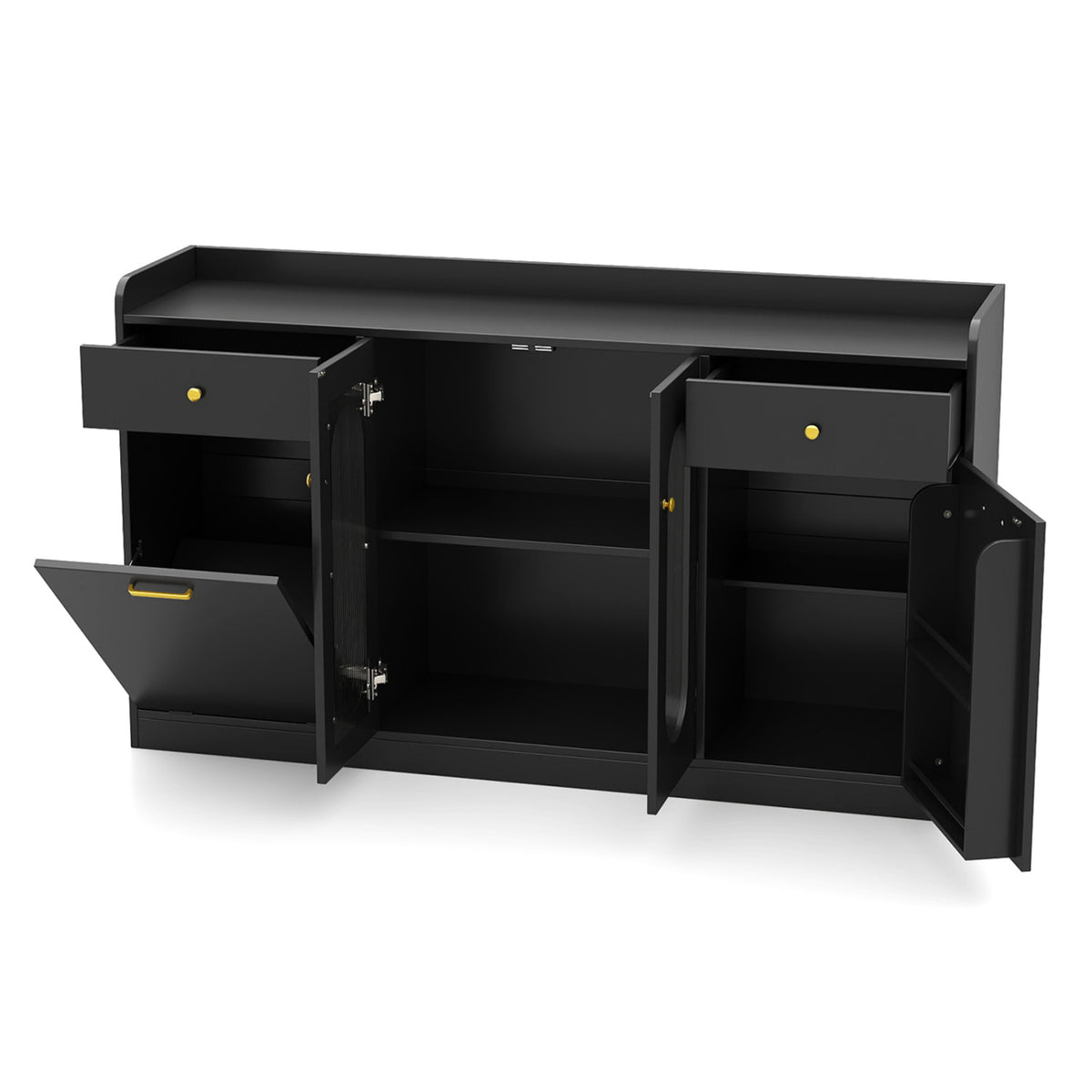 Large Buffet Cabinet with Glass Doors & Hidden Trash - Black