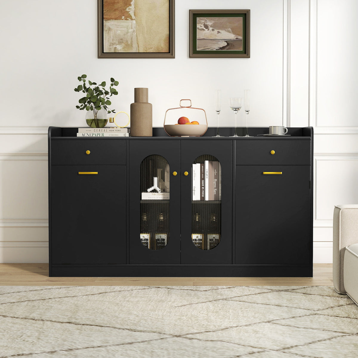 Large Buffet Cabinet with Glass Doors & Hidden Trash - Black