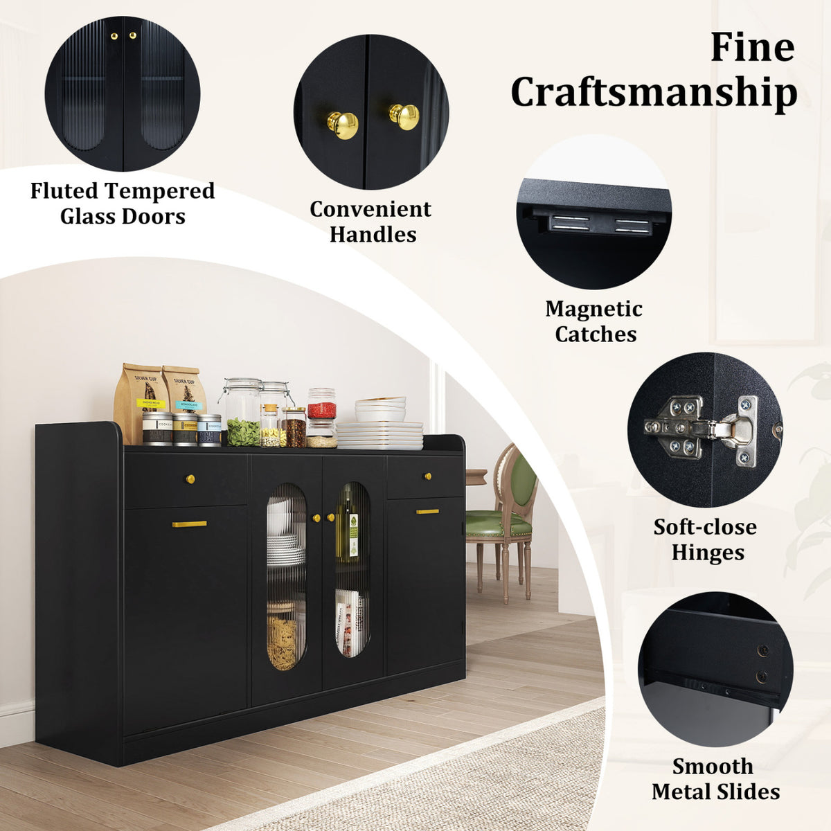 Large Buffet Cabinet with Glass Doors & Hidden Trash - Black