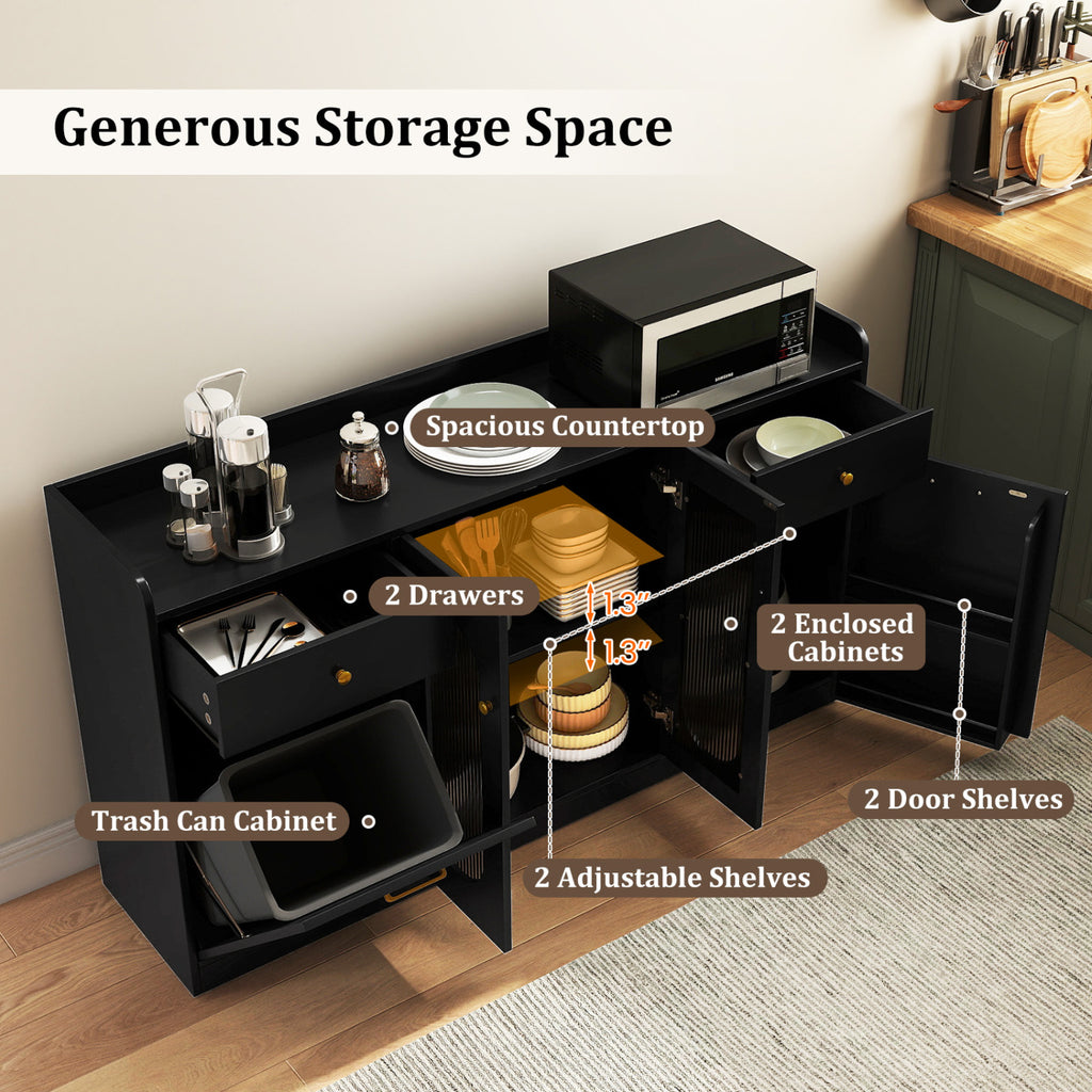 Large Buffet Cabinet with Glass Doors & Hidden Trash - Black