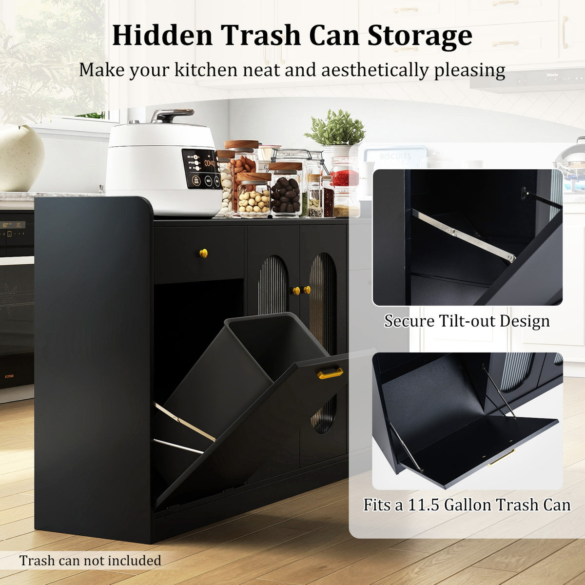 Large Buffet Cabinet with Glass Doors & Hidden Trash - Black
