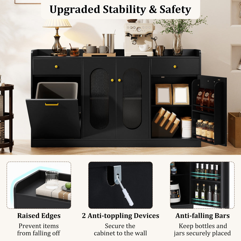 Large Buffet Cabinet with Glass Doors & Hidden Trash - Black