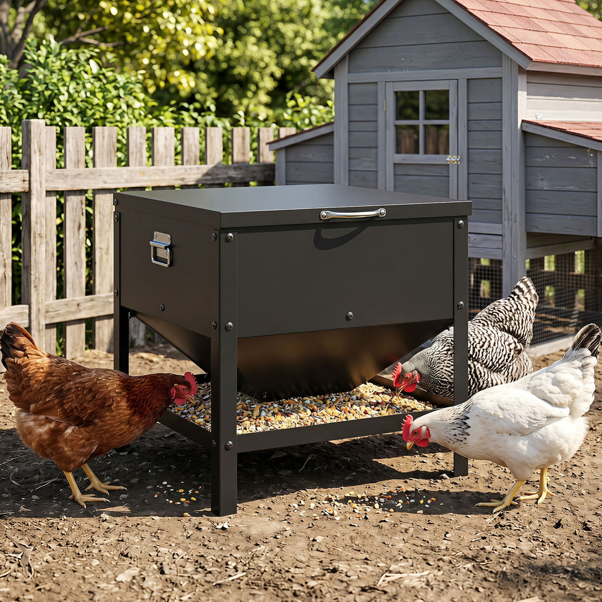 Large Capacity Chicken Feeder Box with Openable Lid - Outdoor Poultry Feed Container - Black Variation