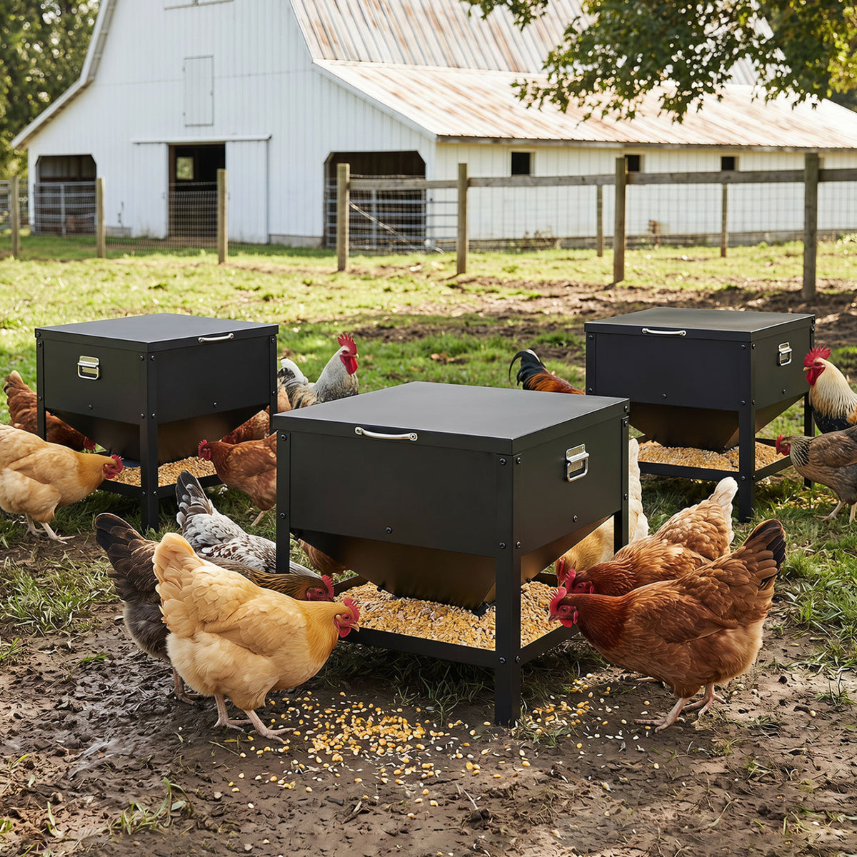 Large Capacity Chicken Feeder Box with Openable Lid - Outdoor Poultry Feed Container - Black Variation