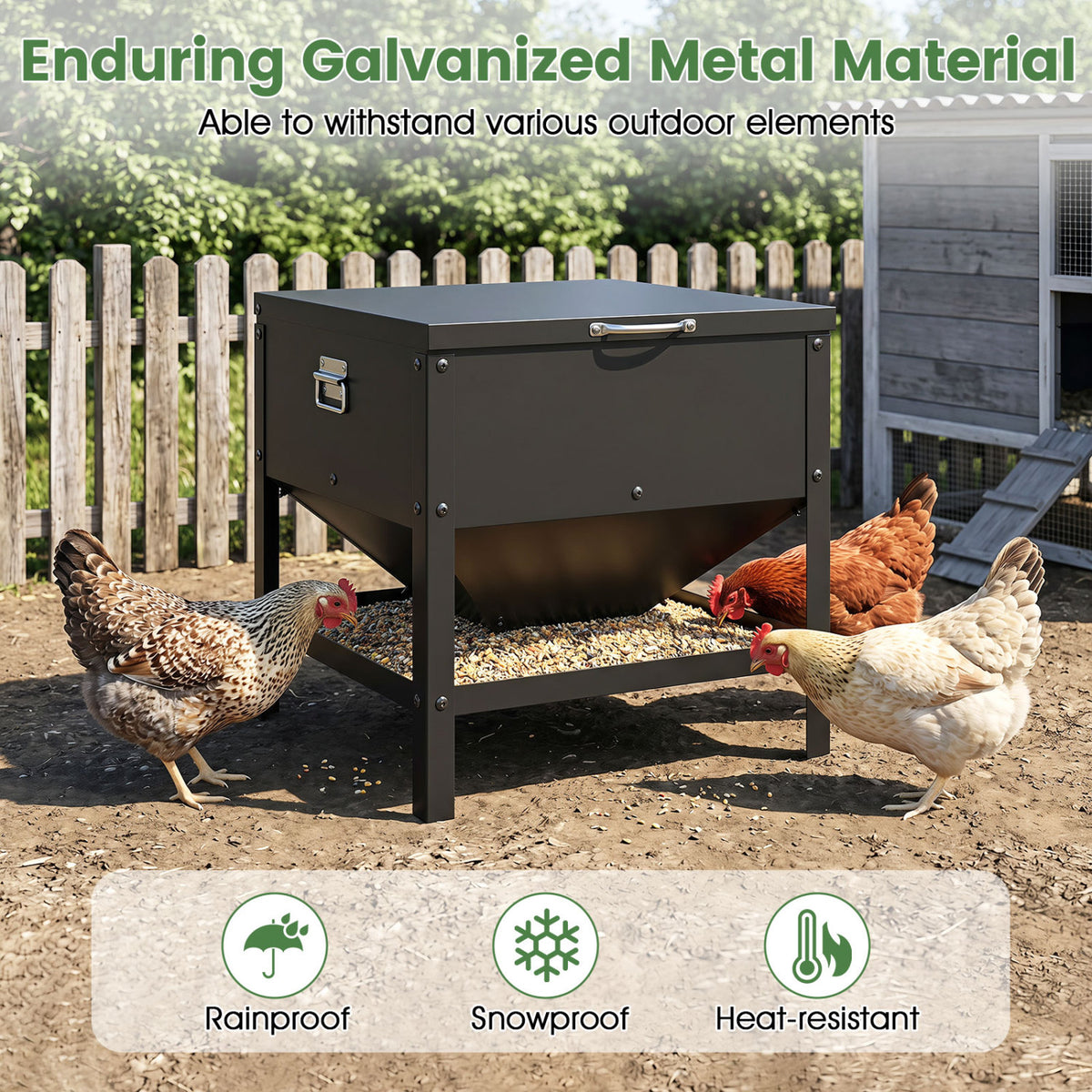 Large Capacity Chicken Feeder Box with Openable Lid - Outdoor Poultry Feed Container - Black Variation