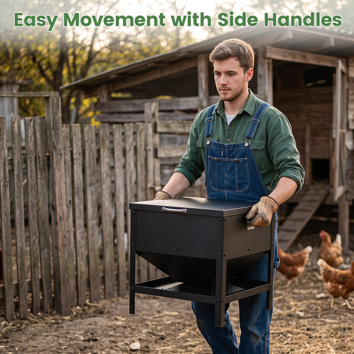 Large Capacity Chicken Feeder Box with Openable Lid - Outdoor Poultry Feed Container - Black Variation