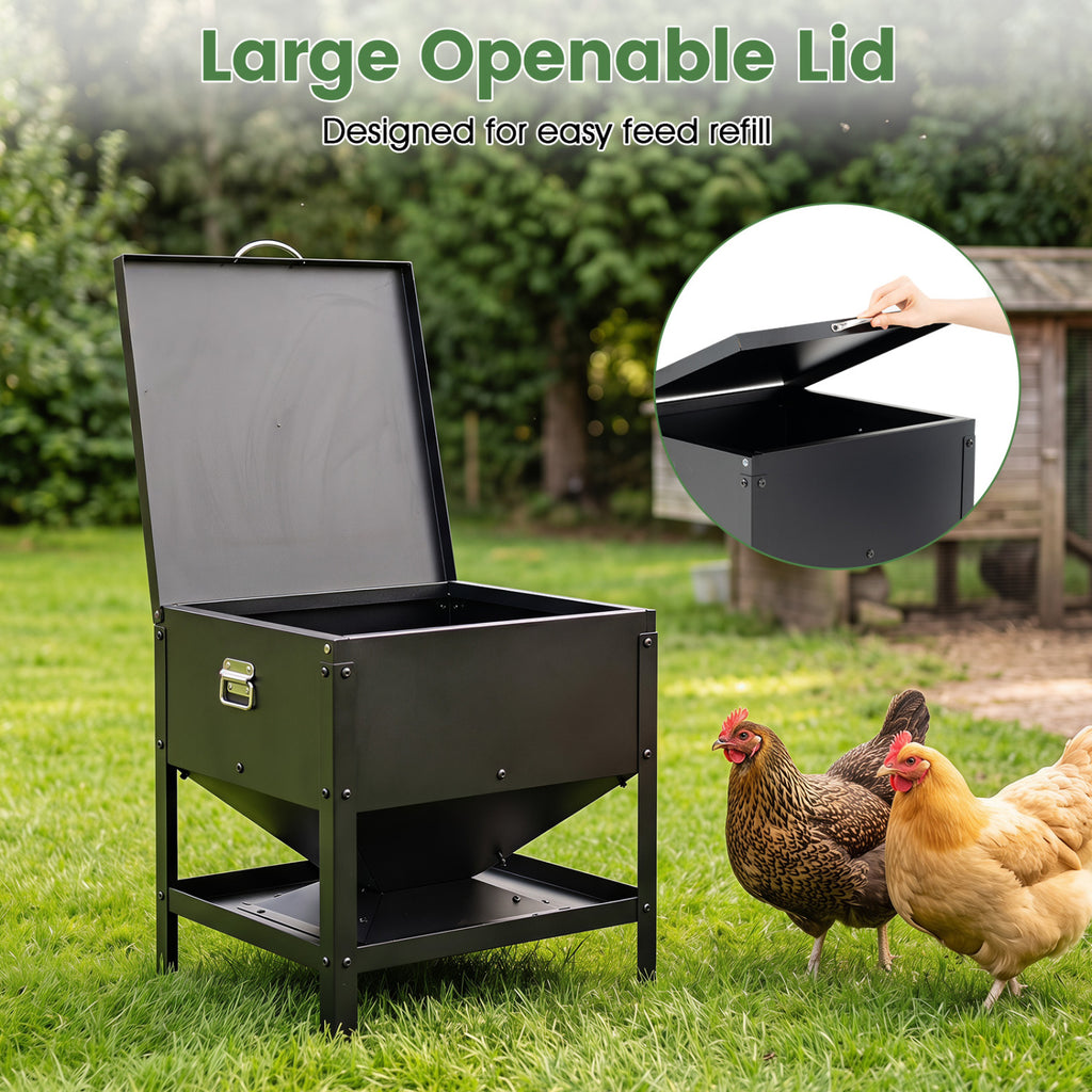 Large Capacity Chicken Feeder Box with Openable Lid - Outdoor Poultry Feed Container - Black Variation
