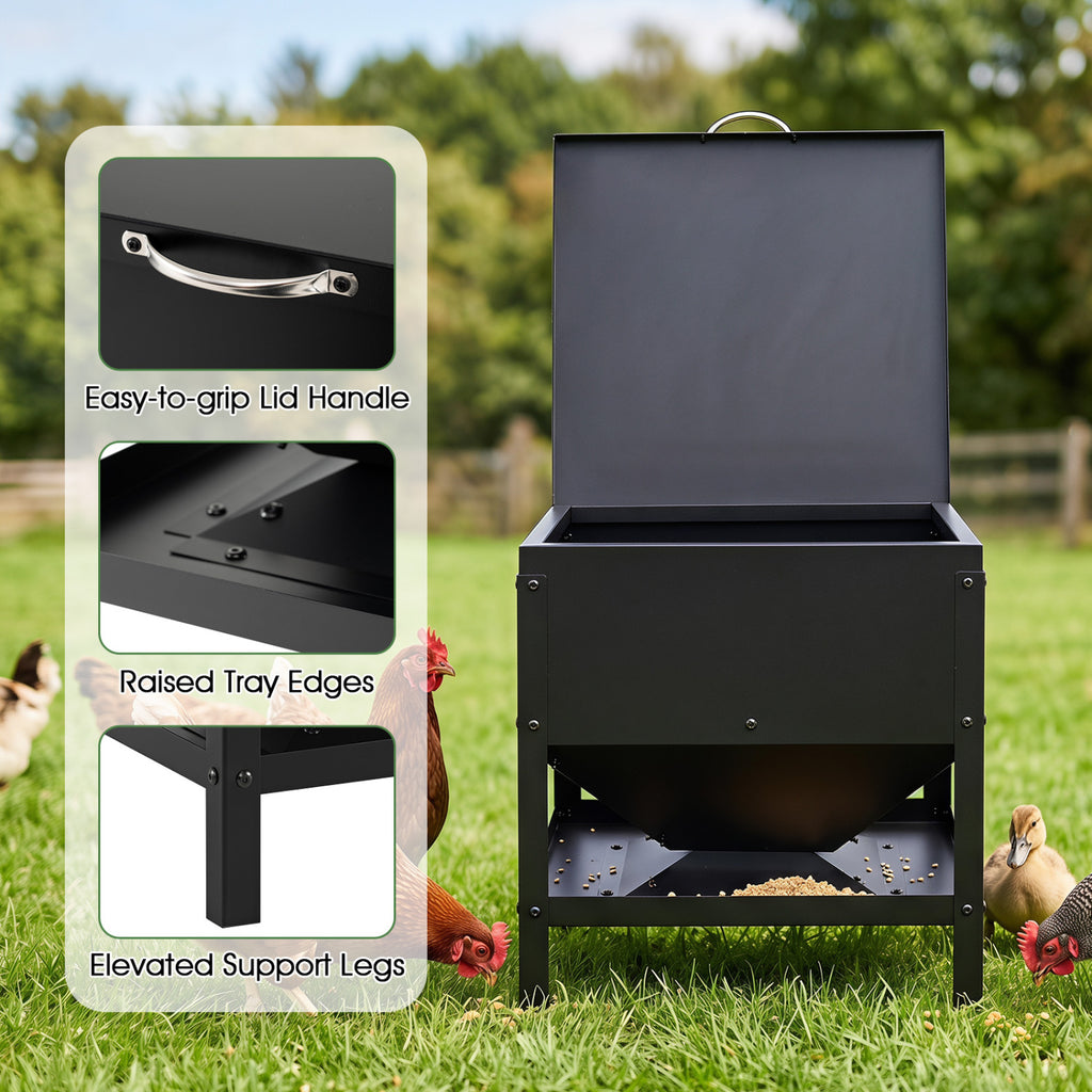 Large Capacity Chicken Feeder Box with Openable Lid - Outdoor Poultry Feed Container - Black Variation