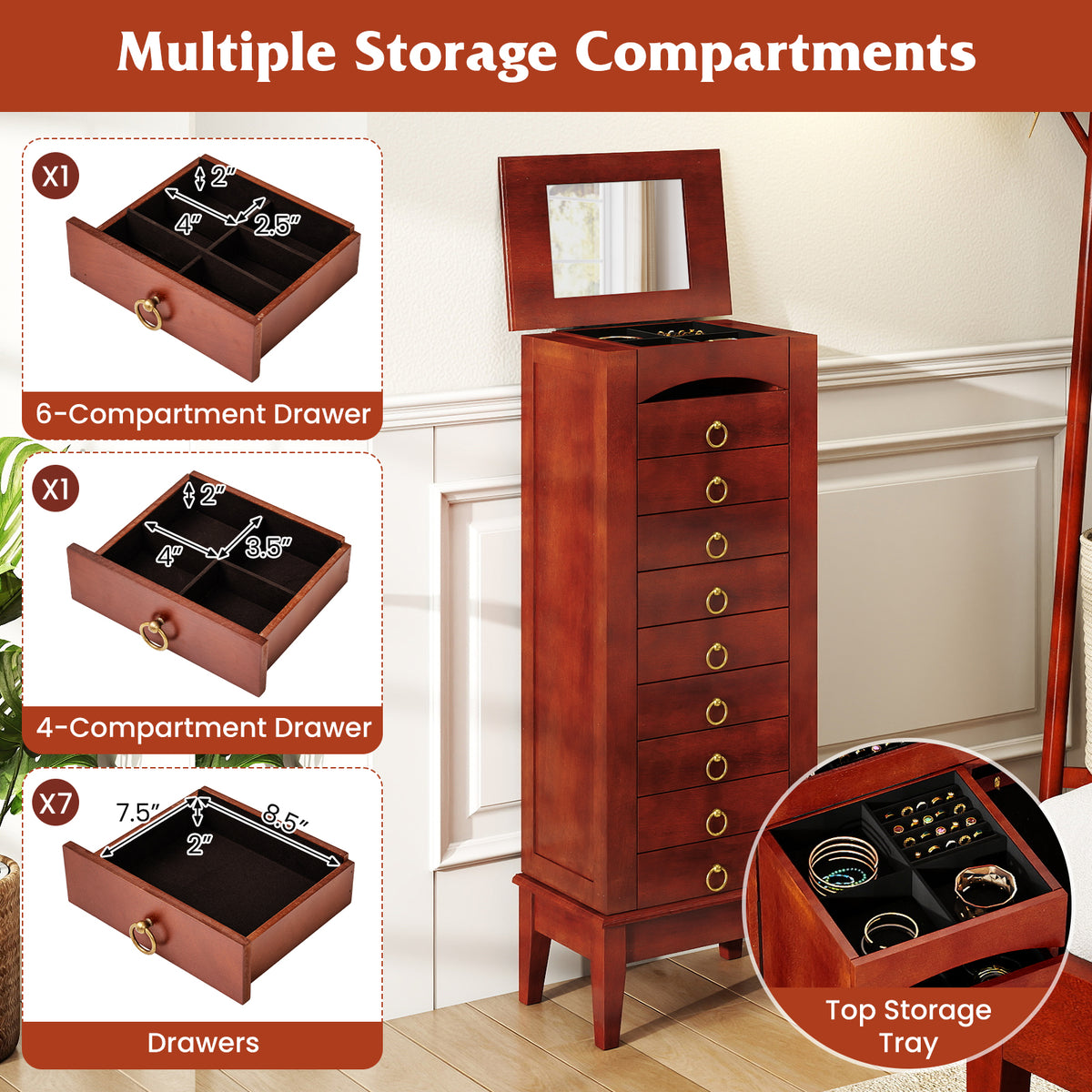 Jewelry Storage Cabinet with 9 Drawers - 16" x 10.5" x 40"