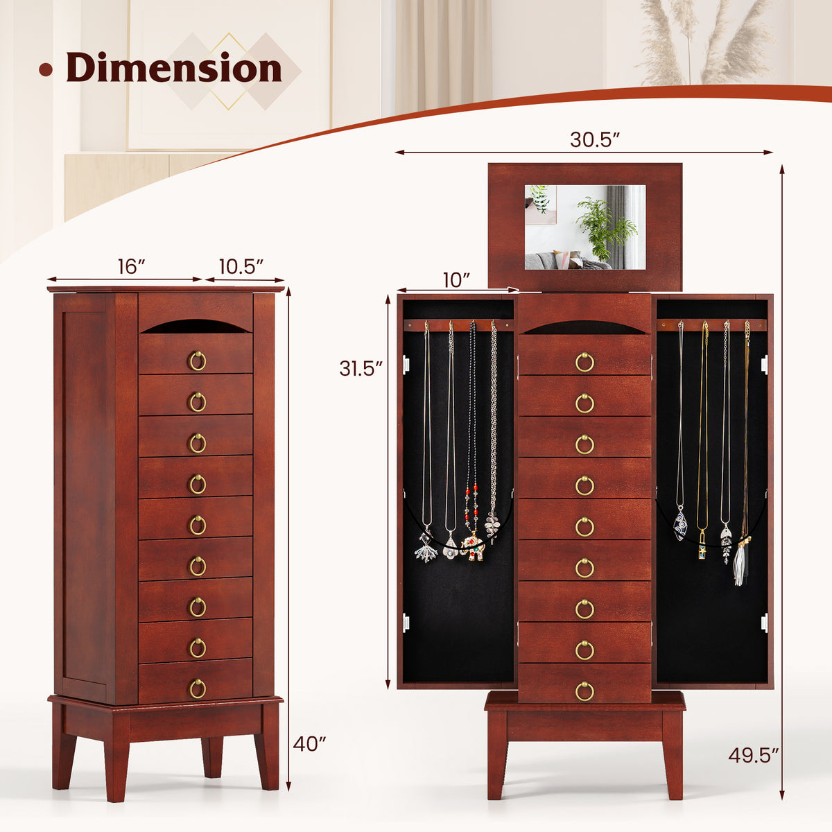 Jewelry Storage Cabinet with 9 Drawers - 16" x 10.5" x 40"