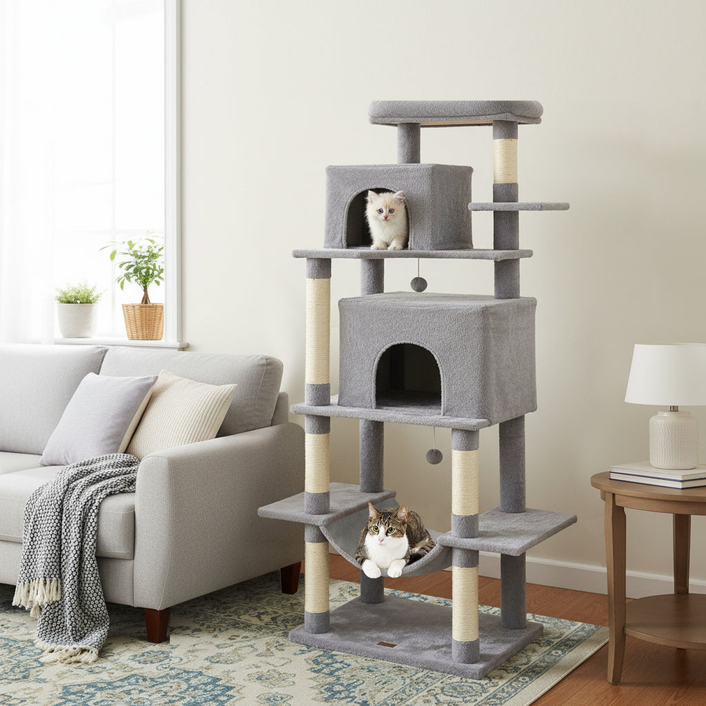 Large Indoor Cat Tree Tower - 70" Tall, Light Gray Cat Furniture