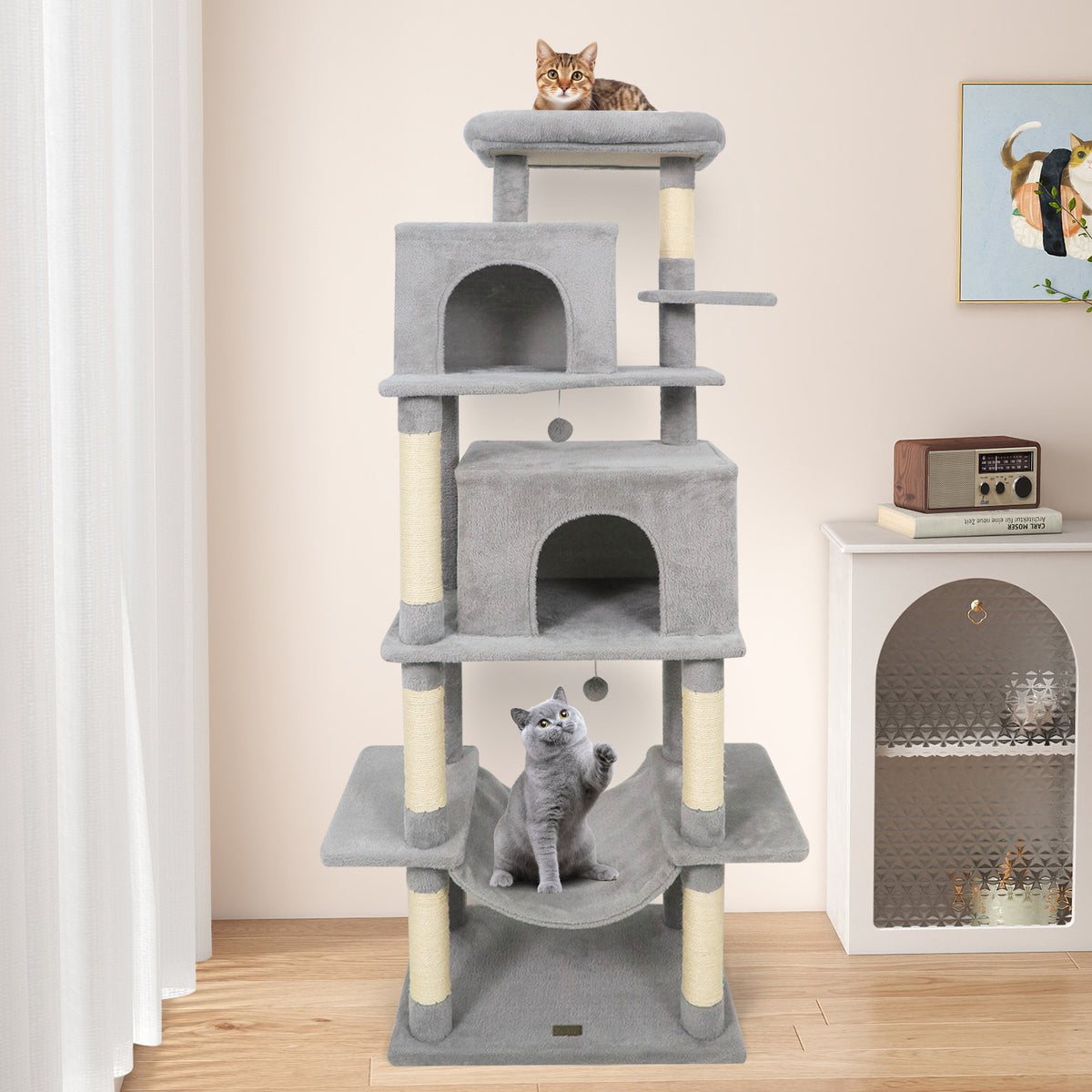 Large Indoor Cat Tree Tower - 70" Tall, Light Gray Cat Furniture