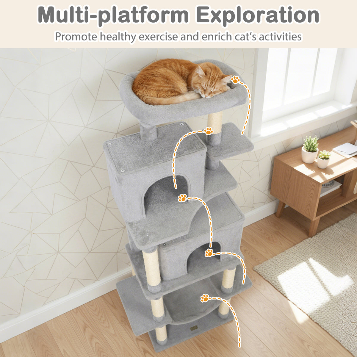 Large Indoor Cat Tree Tower - 70" Tall, Light Gray Cat Furniture