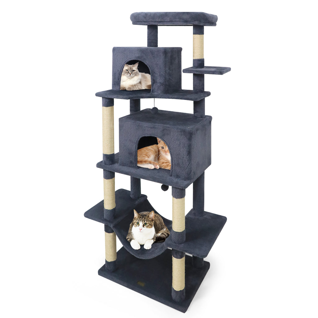 70-Inch Tall Cat Tree for Indoor Cats - Dark Gray Multi-Level Cat Tower with Condos & Hammock