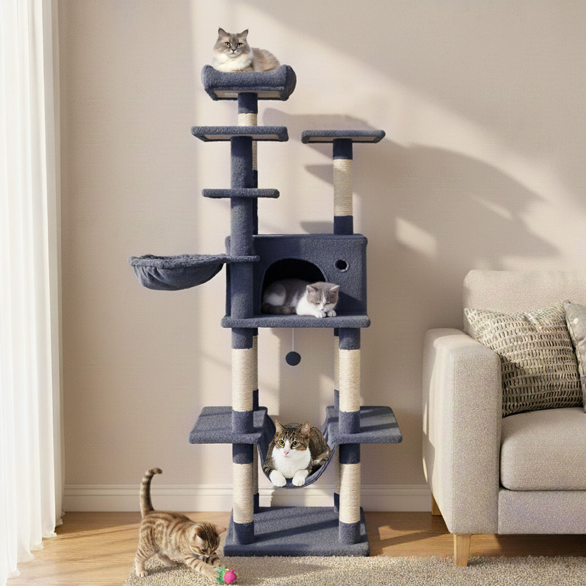 Large Cat Tree Tower 63" Tall for Indoor Cats - Dark Gray Variation