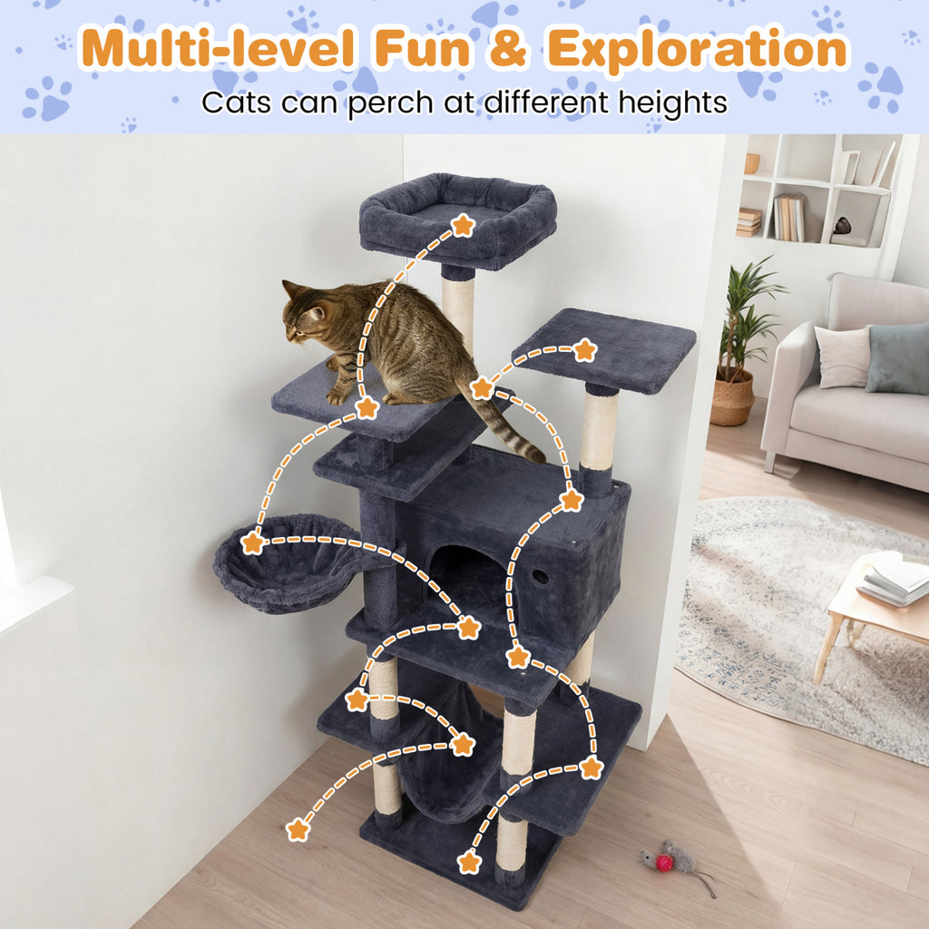 Large Cat Tree Tower 63" Tall for Indoor Cats - Dark Gray Variation