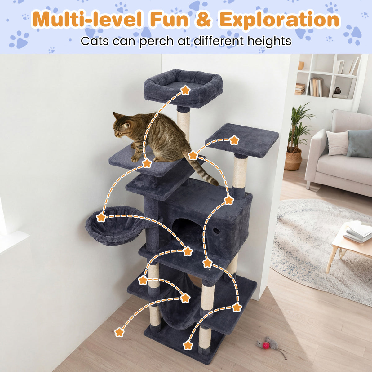 Large Cat Tree Tower 63" Tall for Indoor Cats - Dark Gray Variation