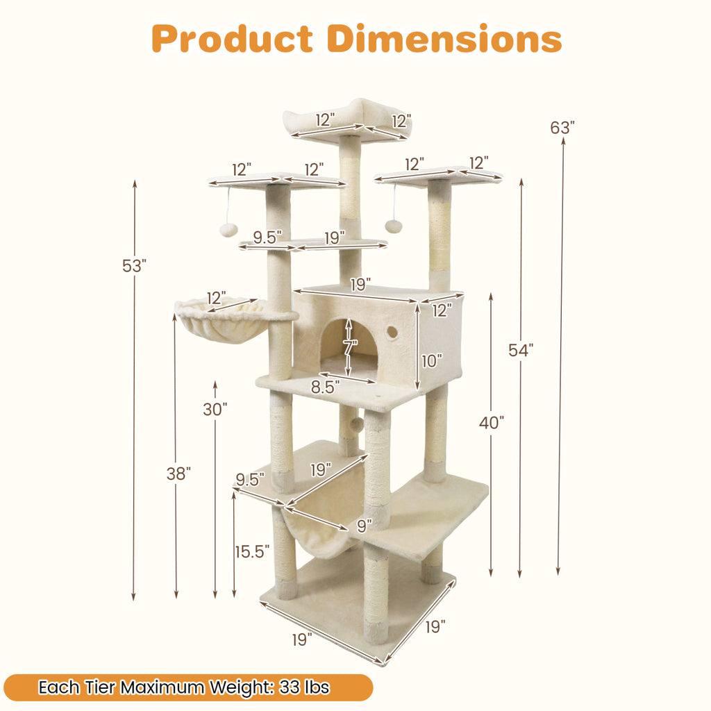Large 63-Inch Cat Tree Tower - Beige Indoor Multi-Level Cat Furniture