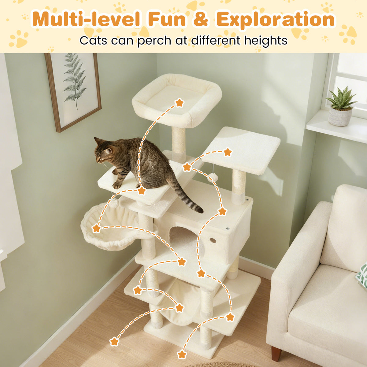 Large 63-Inch Cat Tree Tower - Beige Indoor Multi-Level Cat Furniture