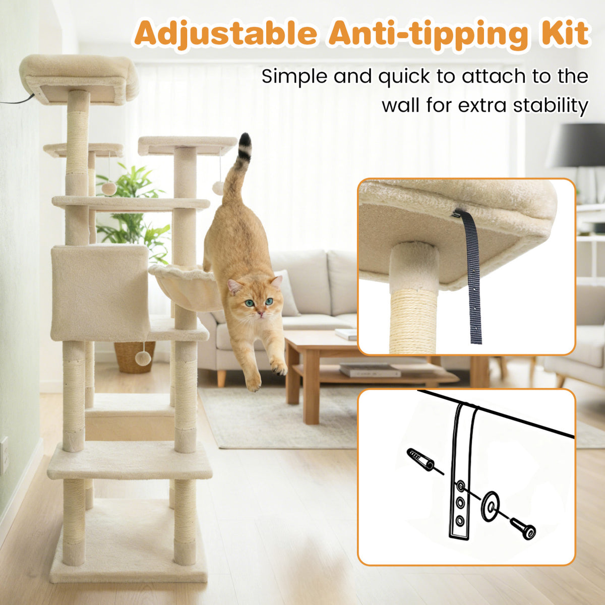 Large 63-Inch Cat Tree Tower - Beige Indoor Multi-Level Cat Furniture