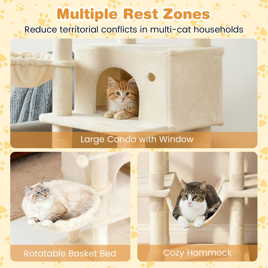 Large 63-Inch Cat Tree Tower - Beige Indoor Multi-Level Cat Furniture